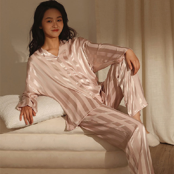 Soft Life Striped Pajama Set detail shot – satin finish with stripe contrast – Lumira Beauty Co.