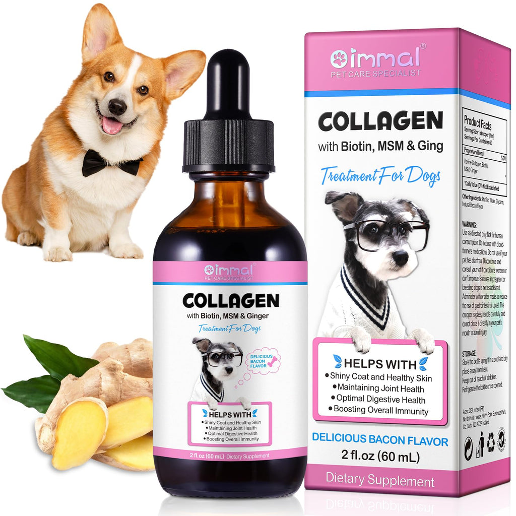 Premium Collagen for Dogs Liquid Collagen for Dogs 2 fl.oz Skin & Coat Supplement for Dogs Itch Relief for Dogs with Vitamin C Biotin MSM Ginger Daily Collagen for Dogs Drops Bacon Flavor