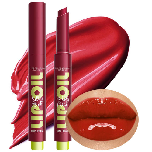 Glow Therapy Lip Oil in use – glossy nourishing lip oil swatch – Lumira Beauty Co.