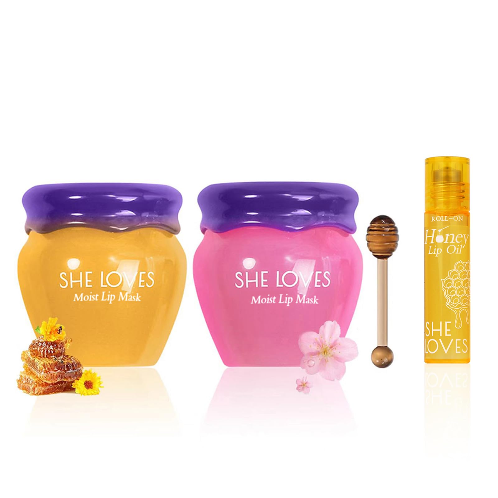 Honey & Sakura Overnight Lip Repair Set – honey lip oil and sakura mask texture close-up – Lumira Beauty Co.
