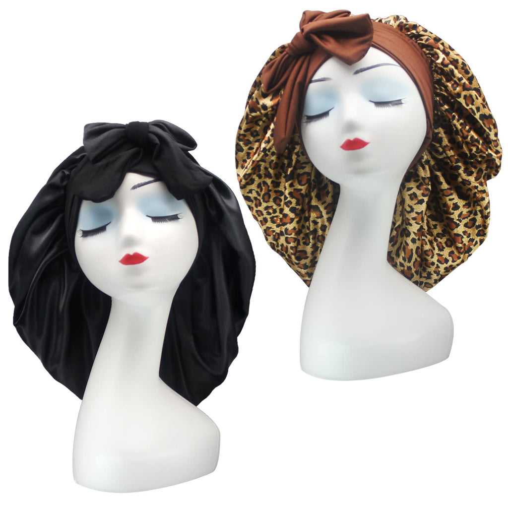 Silk Satin Hair Bonnet 2-Pack Black and Leopard Print – adjustable tie band sleep bonnets – Lumira Beauty Co.