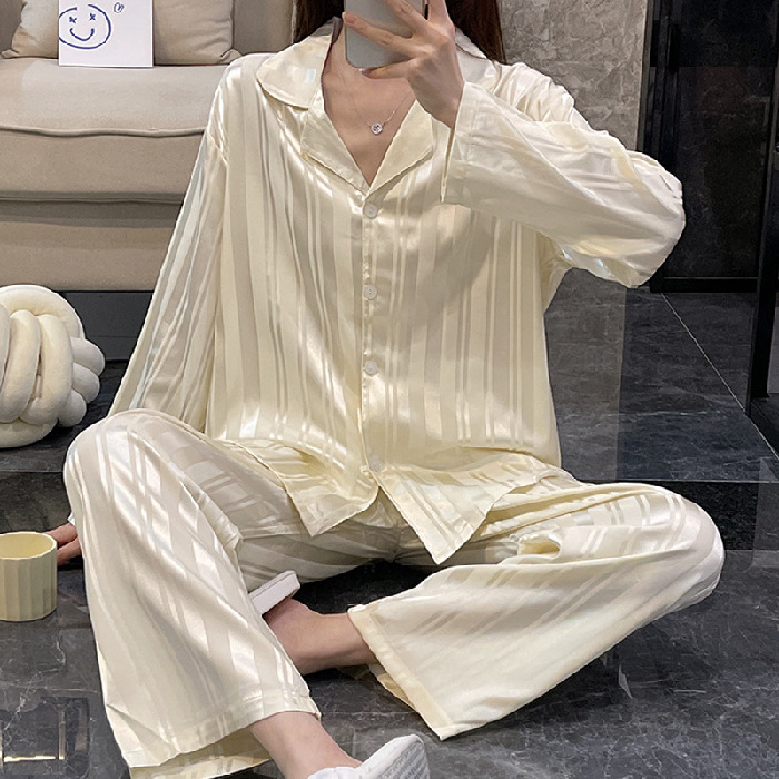 Soft Life Pajama Set in ivory – classic striped silk sleepwear – Lumira Beauty Co.